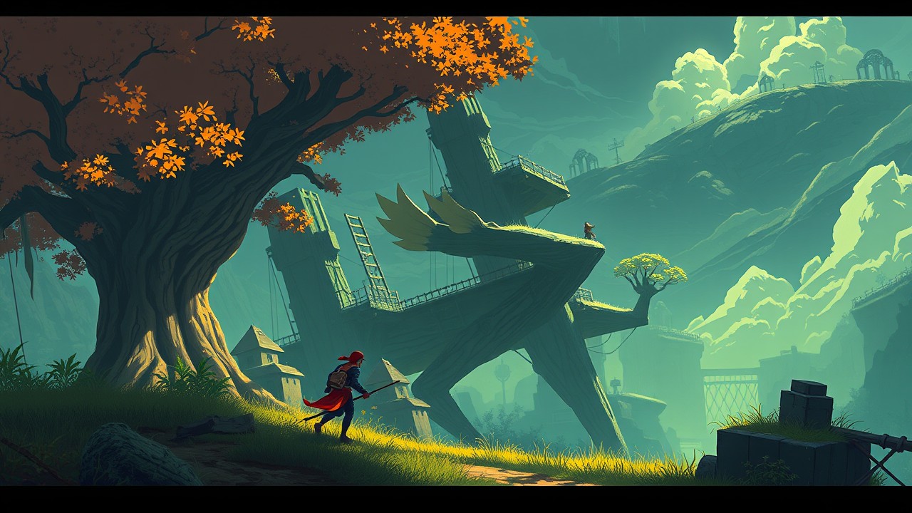 Mystical forest realm with ancient magical creatures and ruins